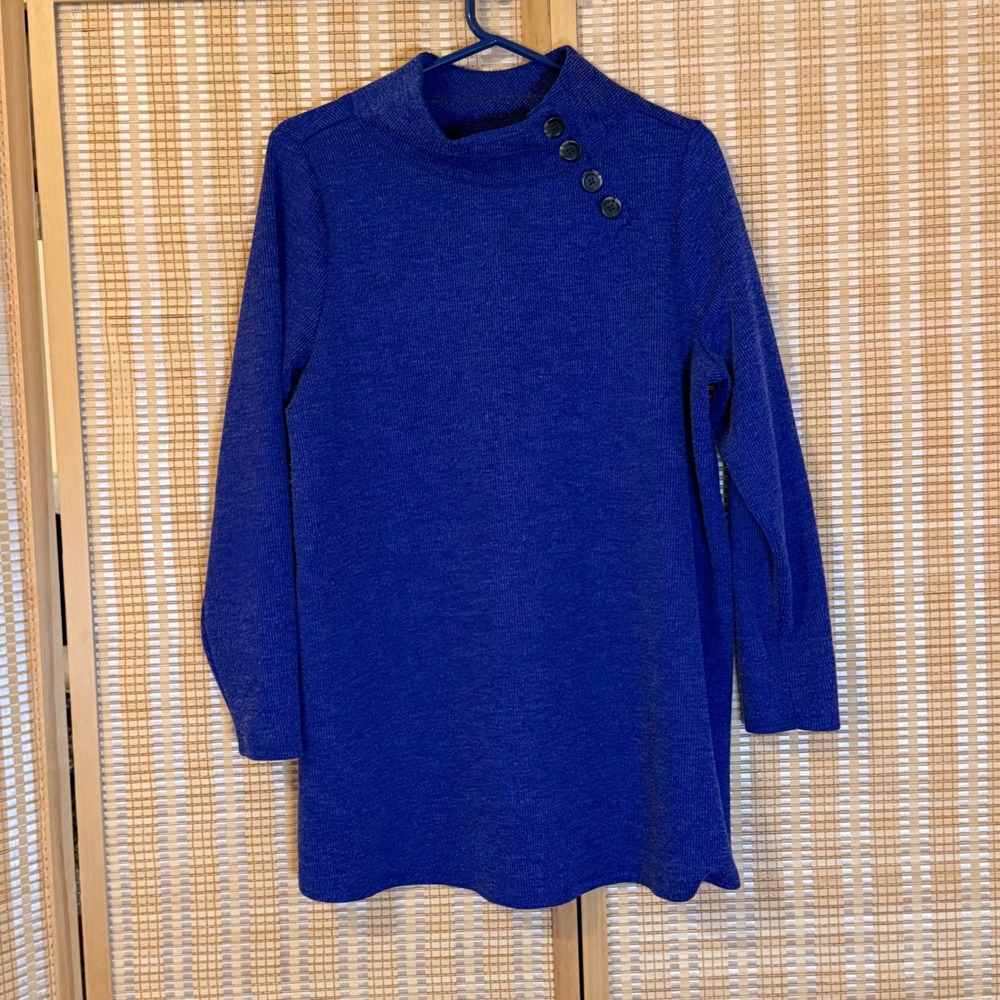 Woman Within Blue Ribbed Mock Neck Button Shoulder Tunic Top 14/16 M Preppy